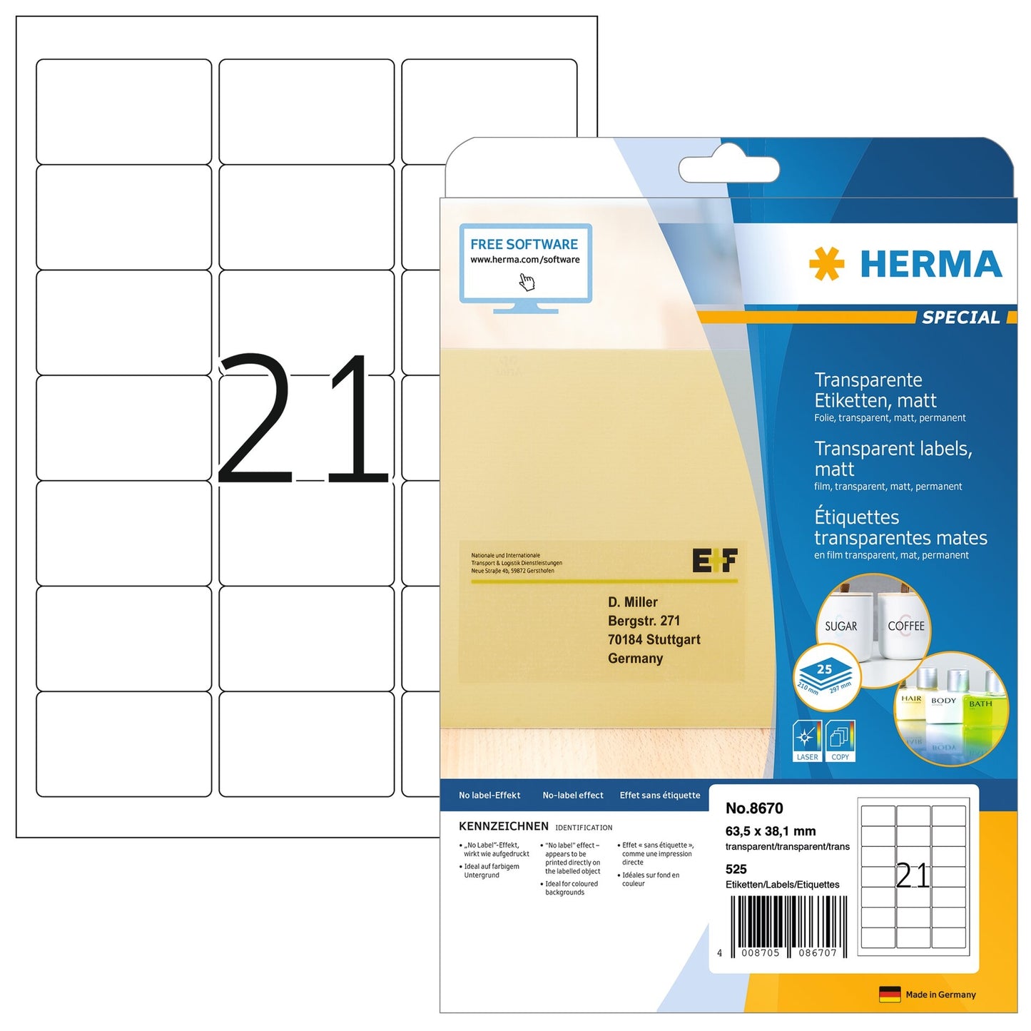 Herma 8670 A4 Transparante Matte Folie-etiketten 63.5x38.1mm