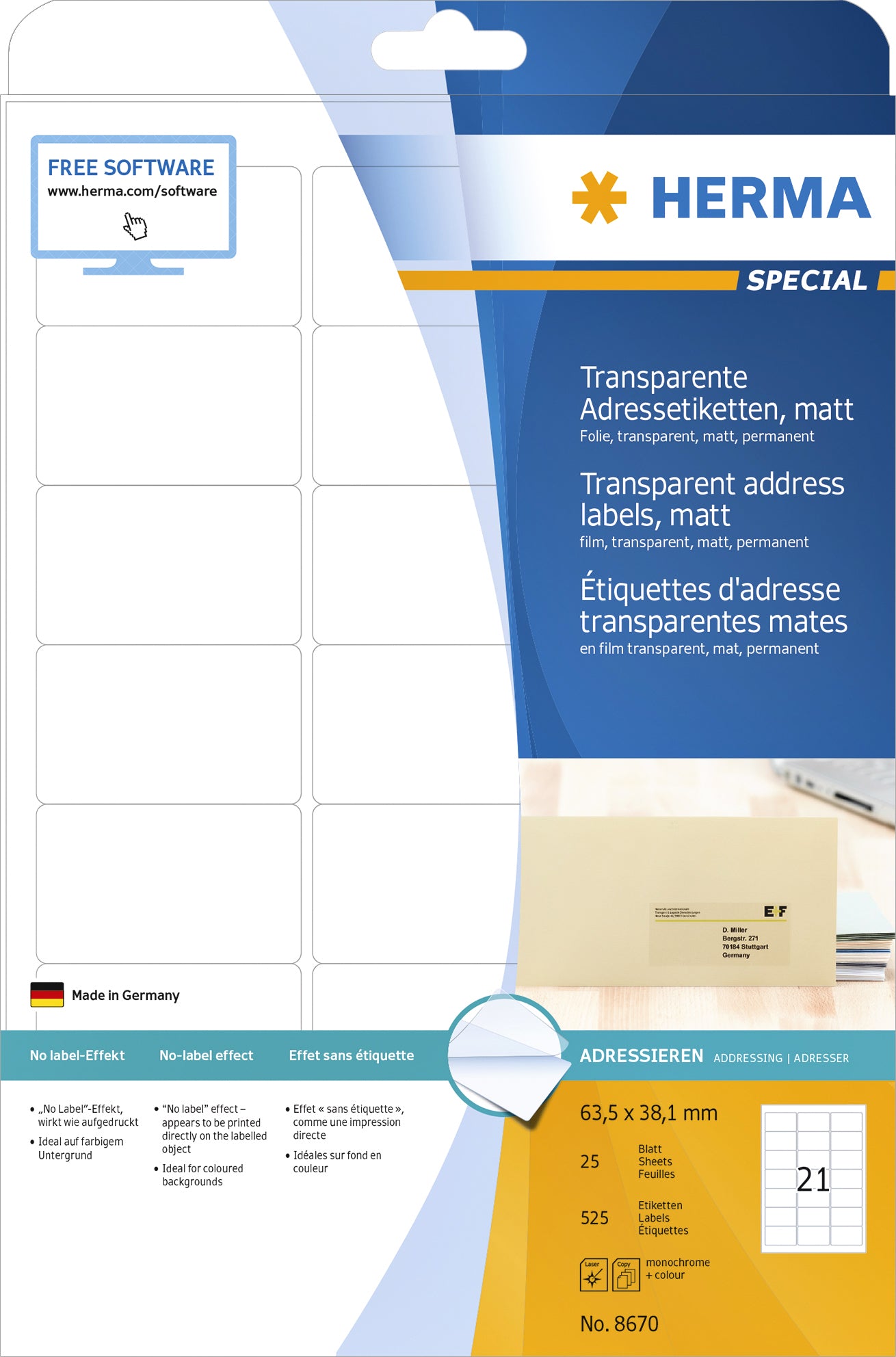 Herma 8670 A4 Transparante Matte Folie-etiketten 63.5x38.1mm - 3
