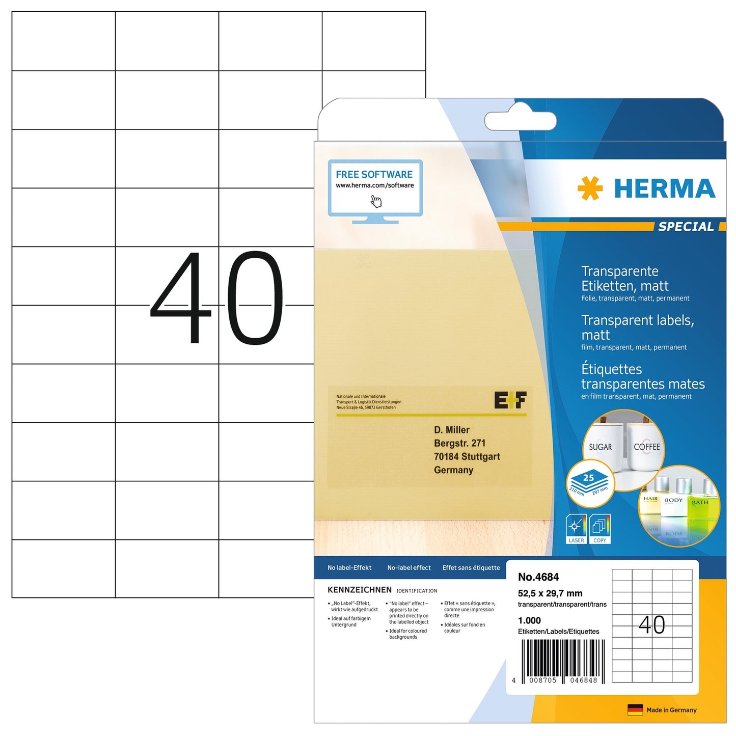 Herma 4684 Transparante matte folie-etiketten 52.5x29.7mm, 25 vellen