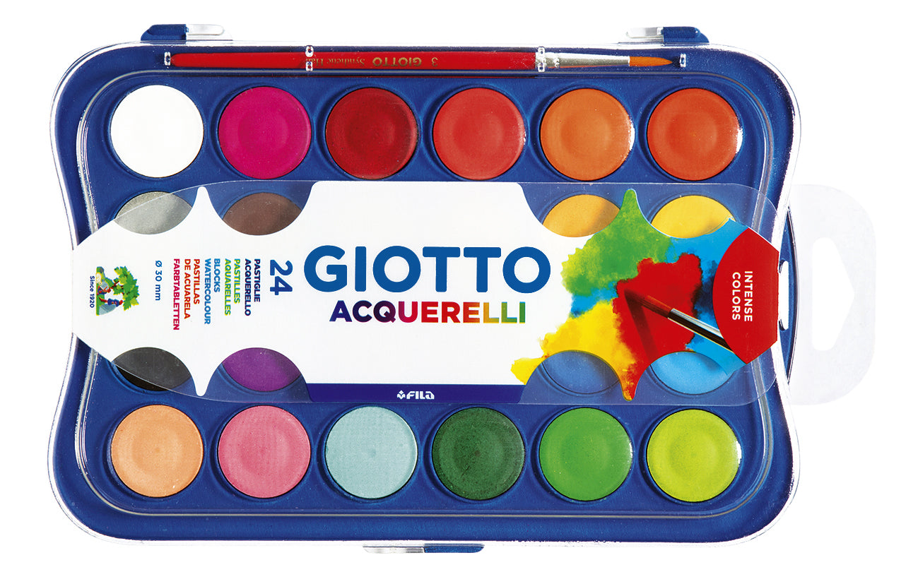 Giotto GOUACHE 24 Kleuren 30mm met Penseel, glanzend en dekkend