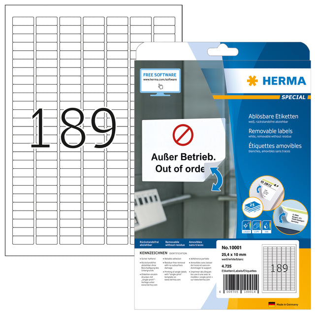Herma 10001 Verwijderbaar A4 Etiket 25.4x10mm 25 vellen