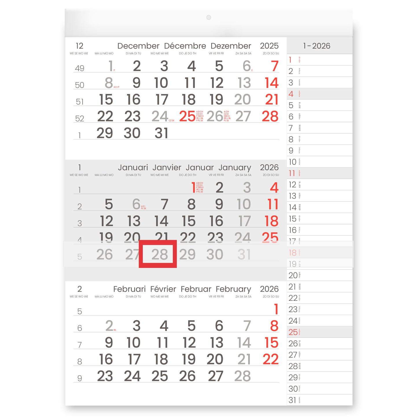 3-Maandkalender 2025, 30x40 cm, noteerruimte voor dagelijks gebruik