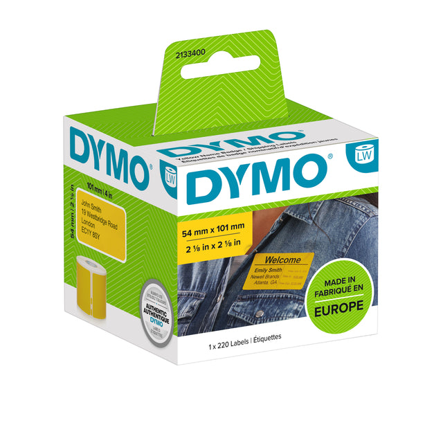 Dymo LabelWriter Gele Naamkaartlabels 54x101mm, Zwart op Geel, Rol