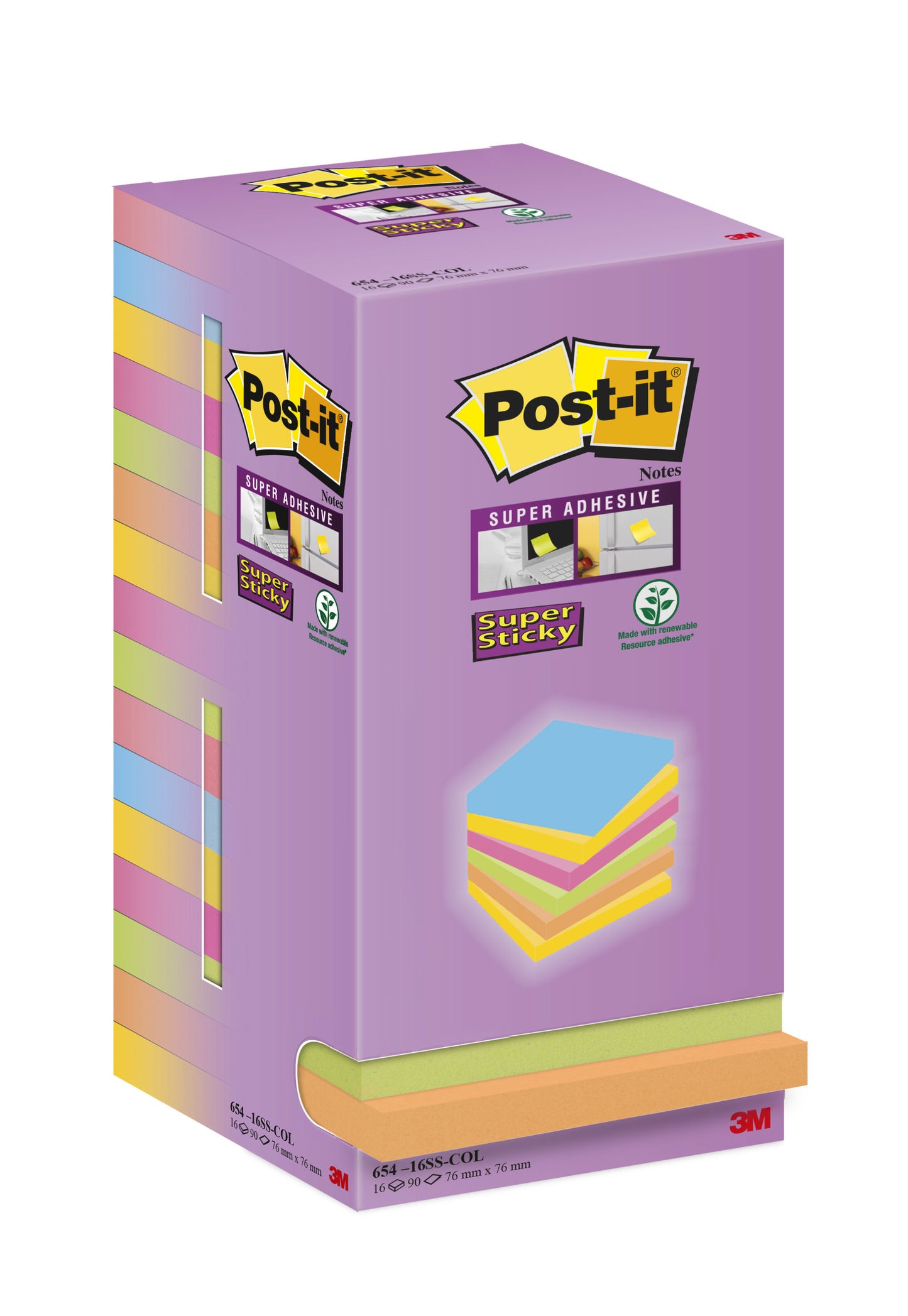 Post-it Color Notes 654 76x76mm, assorti, 16 pads