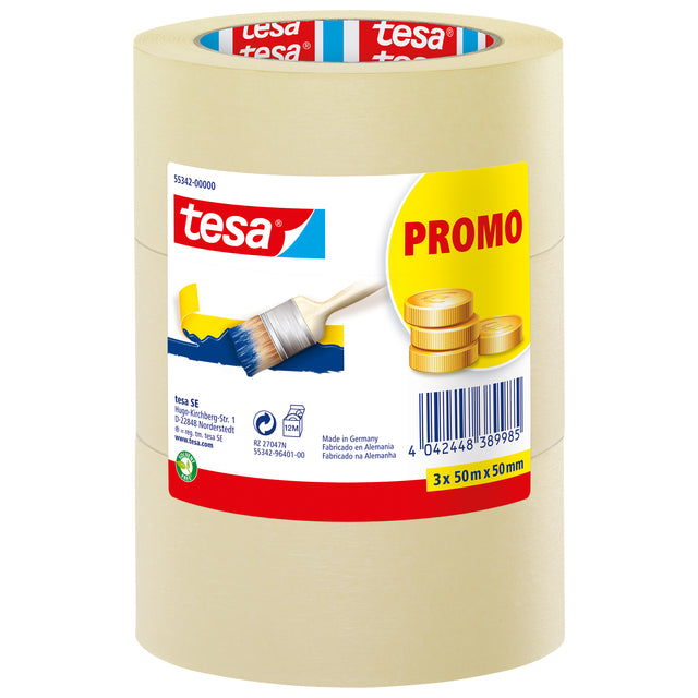 Tesa Economy Afplaktape 50mmx50m Geel, 3 Rollen