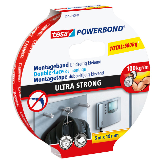 Tesa Ultra Strong Dubbelzijdige Montage Tape 5mx19mm wit