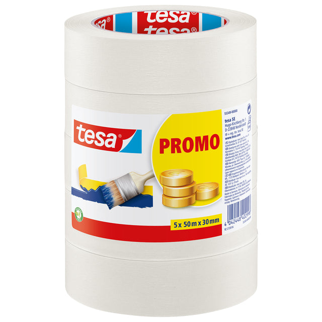 Afplaktape tesa Basic 50mx30mm beige, oplosmiddelvrij en eenvoudig te verwijderen