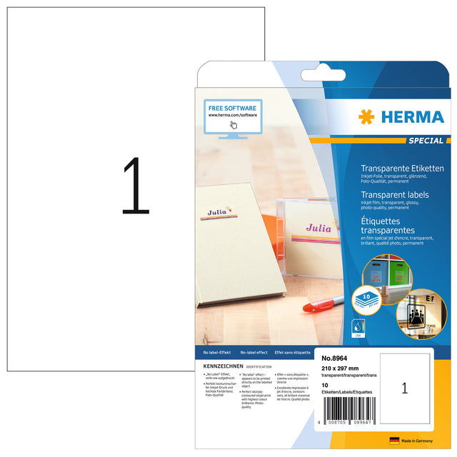 HERMA Transparante Inkjet Etiket A4 210x297mm 10 Stuks