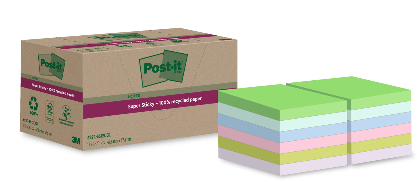 Memoblok Post-it® Recycled Notes 47,6x47,6mm kleur, 12 blokken