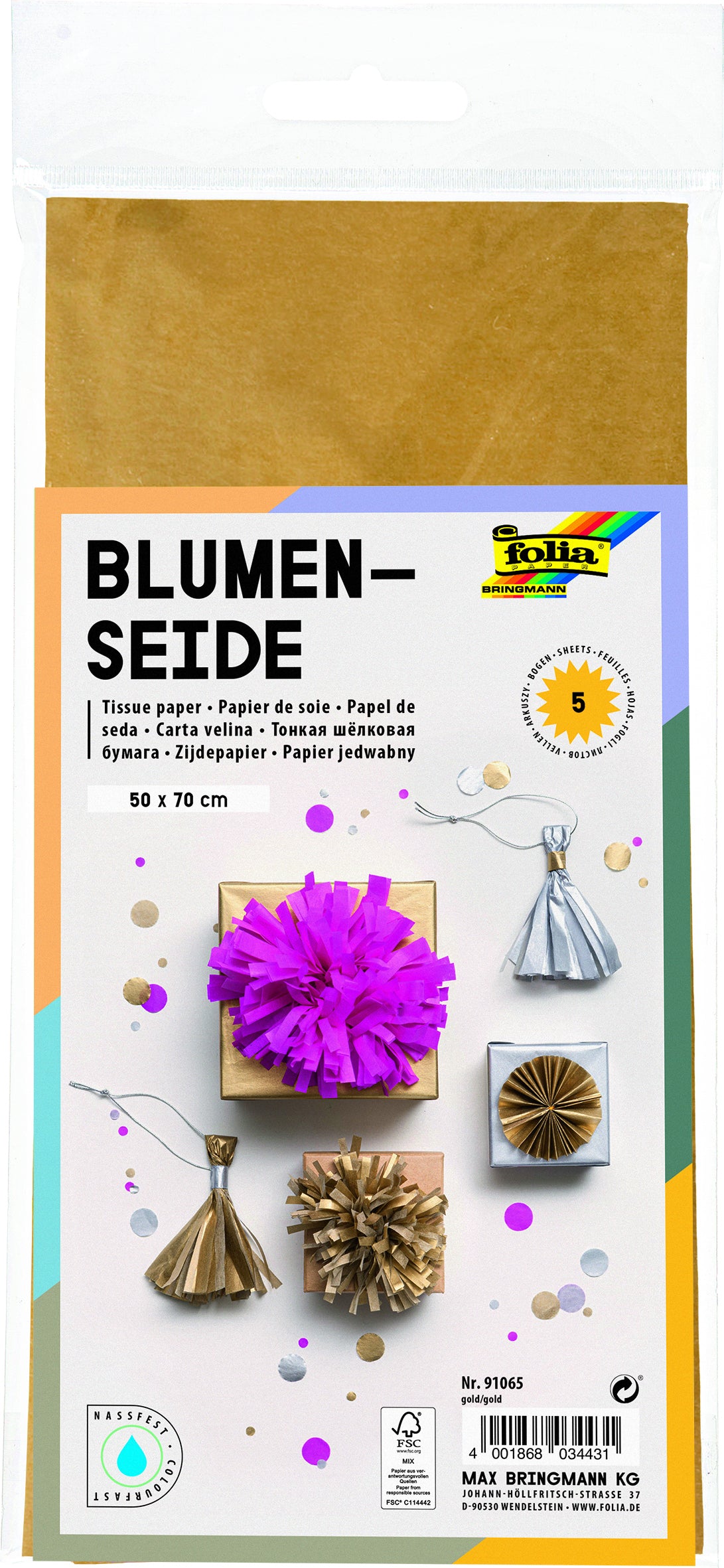 Folia Zijdevloeipapier 50x70cm, Goud, 20g, 5 Vellen