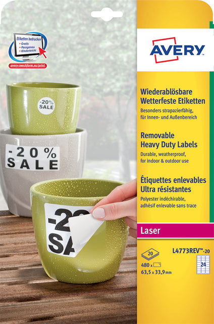 Avery L4773REV-20 Duurzame Polyester Etiketten 63,5x33,9mm, 480 Stuks