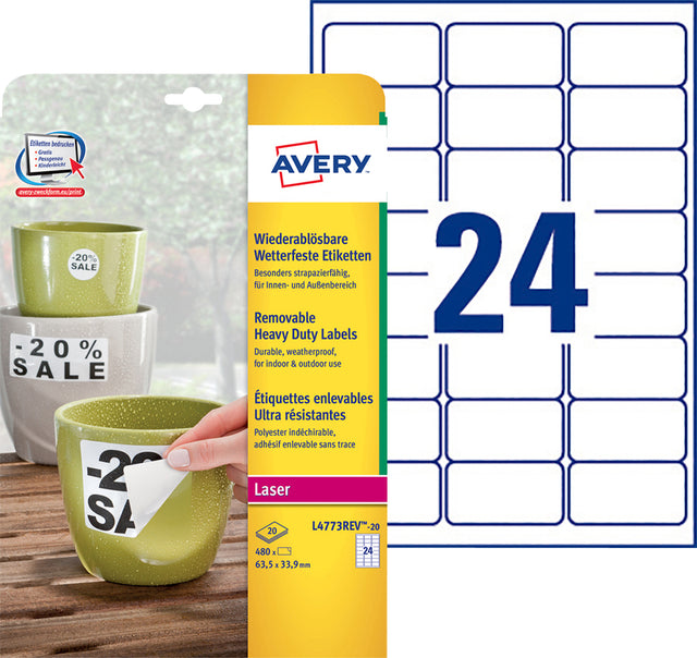 Avery L4773REV-20 Duurzame Polyester Etiketten 63,5x33,9mm, 480 Stuks - 2