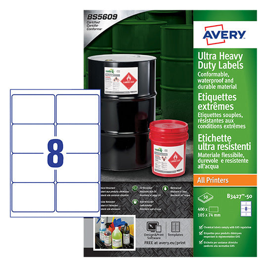 Avery B3427-50 etiketten 105x74mm PE, wit, 400 stuks