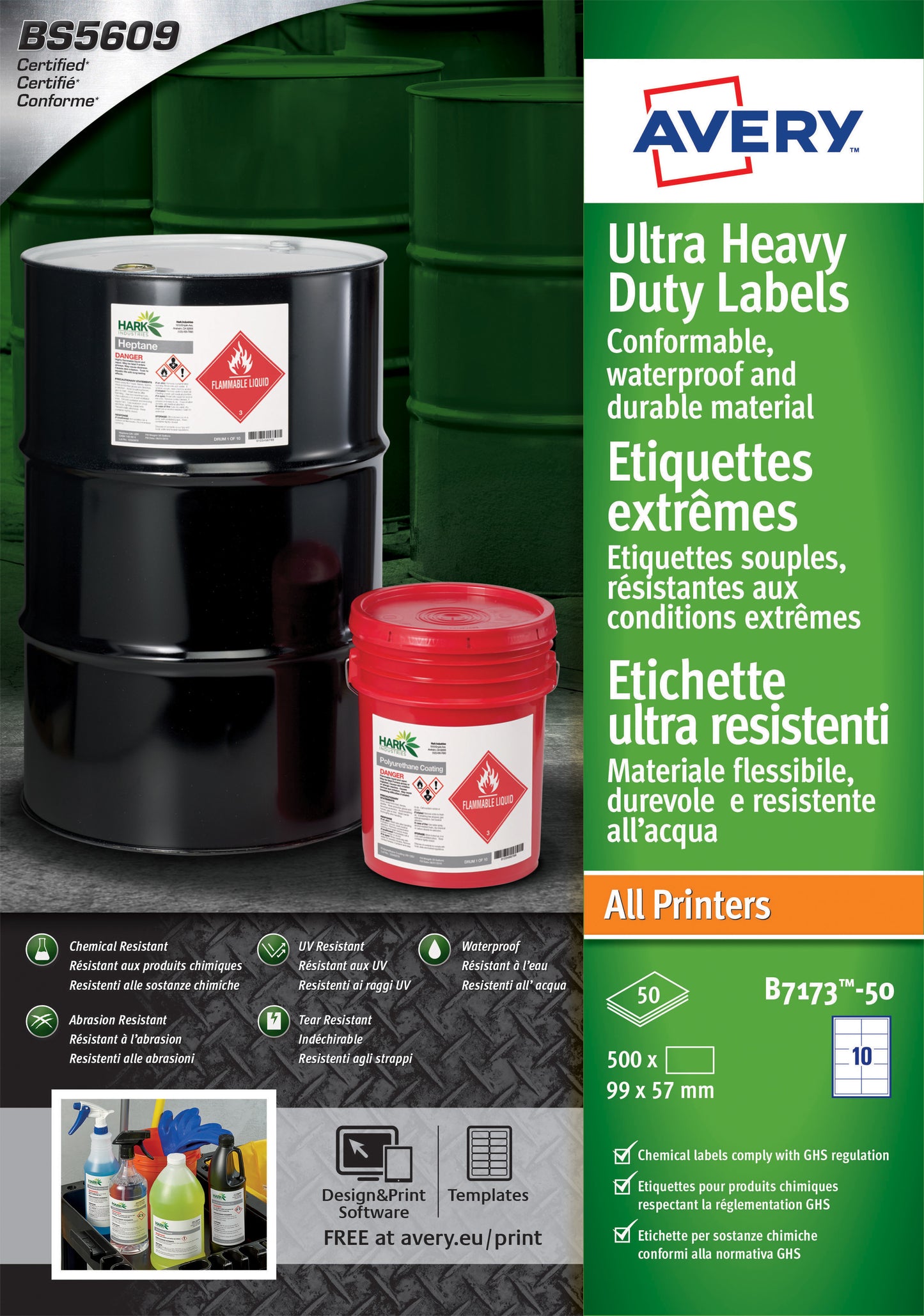 Avery B7173-50 Polyester Etiket 99x57mm, 500 Stuks
