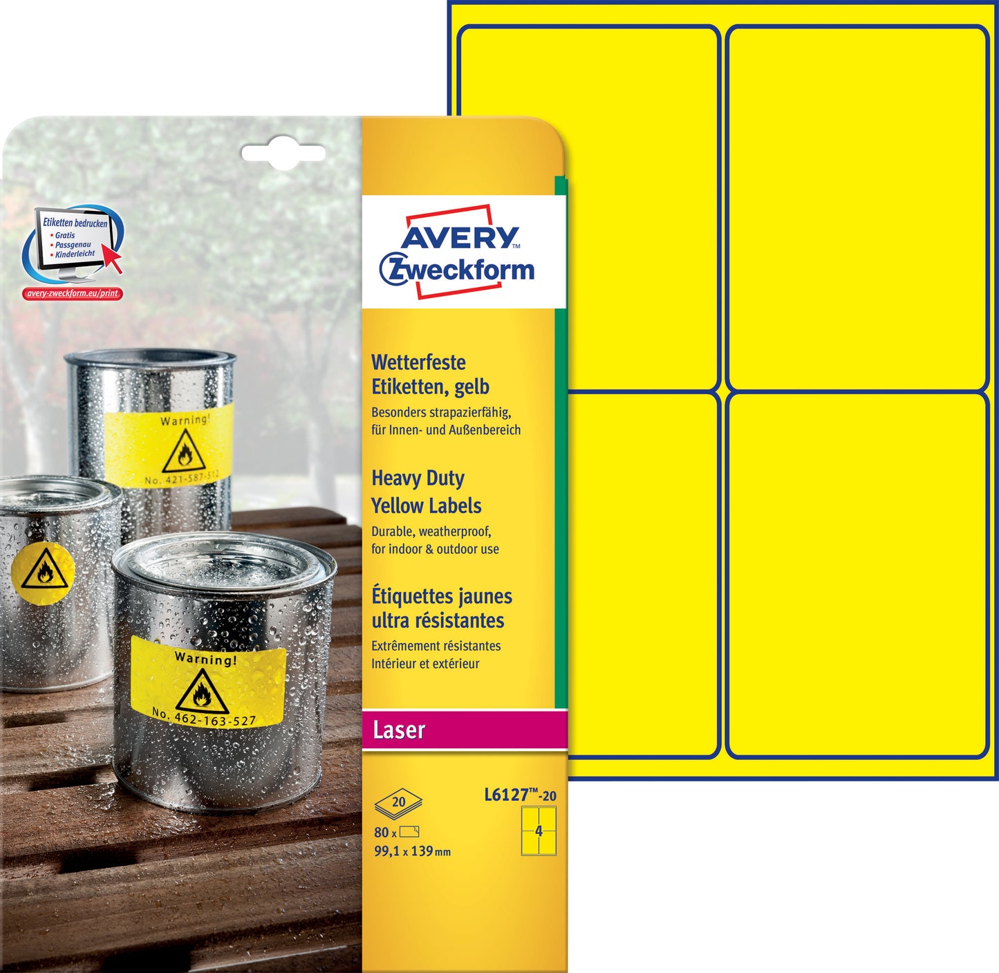 Etiket Avery L6127-20 99.1x139mm geel voor binnen en buitengebruik