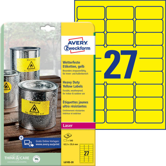 Avery L6105-20 Weerbestendige Polyester Etiketten 63,5x29,6mm, 540 Stuks - 2