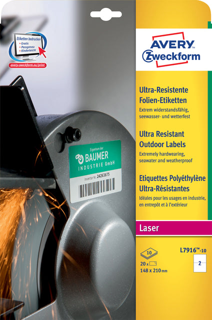 Avery L7916-10 Polyester Etiketten 210x148mm, Wit, 20 stuks