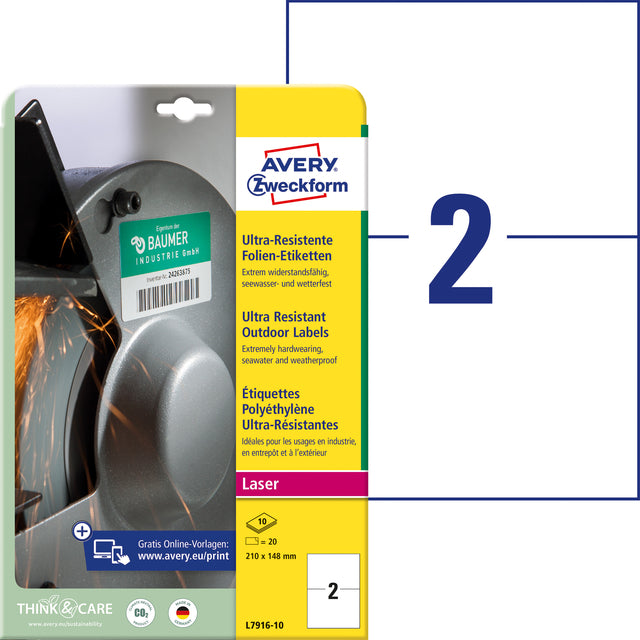 Avery L7916-10 Polyester Etiketten 210x148mm, Wit, 20 stuks - 2