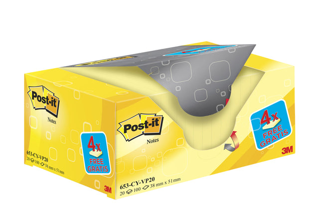 Memoblok Post-it 653 38x51mm Geel + Gratis - 2