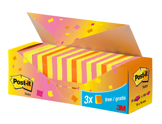Memoblok Post-it® Neon Assortiment 76x76mm, felgekleurde notes - 2