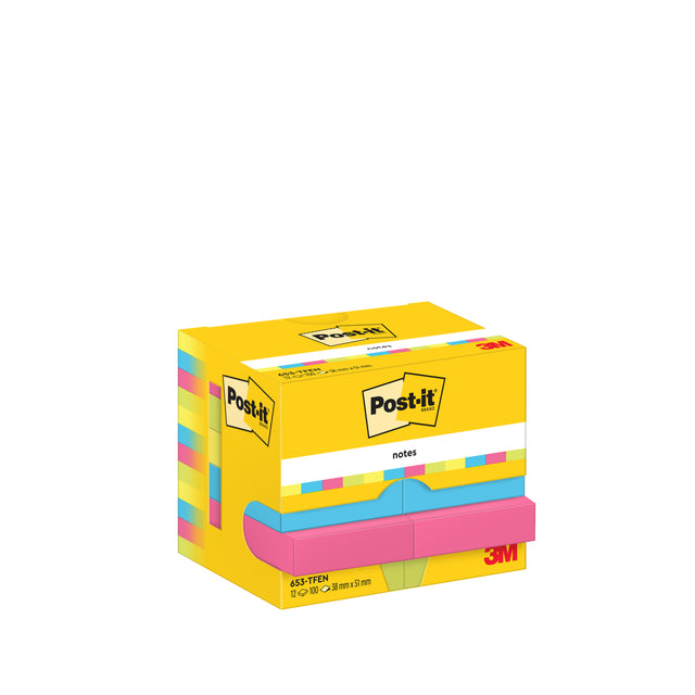 Memoblok Post-it® Neon Assortiment 38x51mm, felgekleurde notes - 2