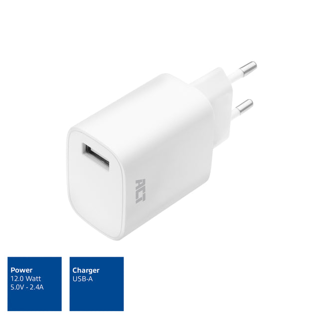 Oplader ACT USB 2.4A 12W Wit voor Smartphones en Tablets - 3