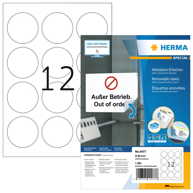 Herma 4477 Zelfklevende Etiketten Ø 60mm Wit 1200 Stuks