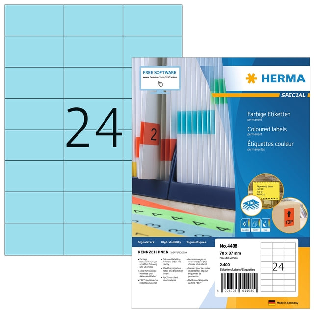 Herma 4408 Blauwe Etiketten 70x37mm, 2400 stuks