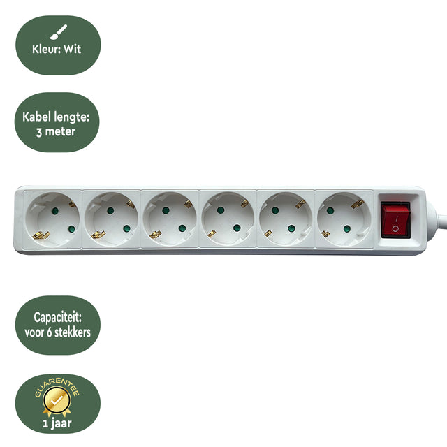 Stekkerdoos BRASQ 6-voudig met 3m kabel wit - 3