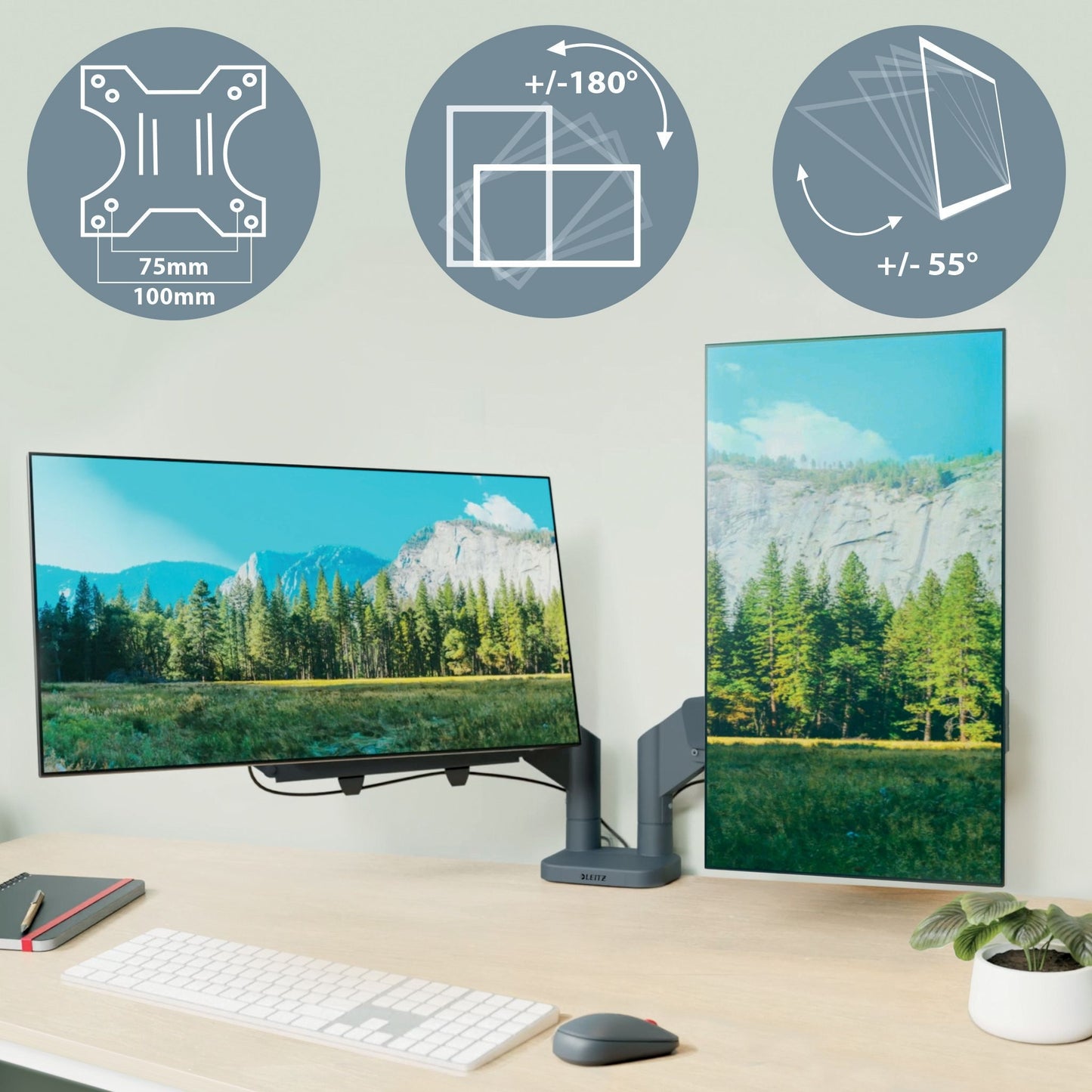 Ruimtebesparende dubbele monitorarm Leitz Ergo voor 17-32 inch schermen - 4