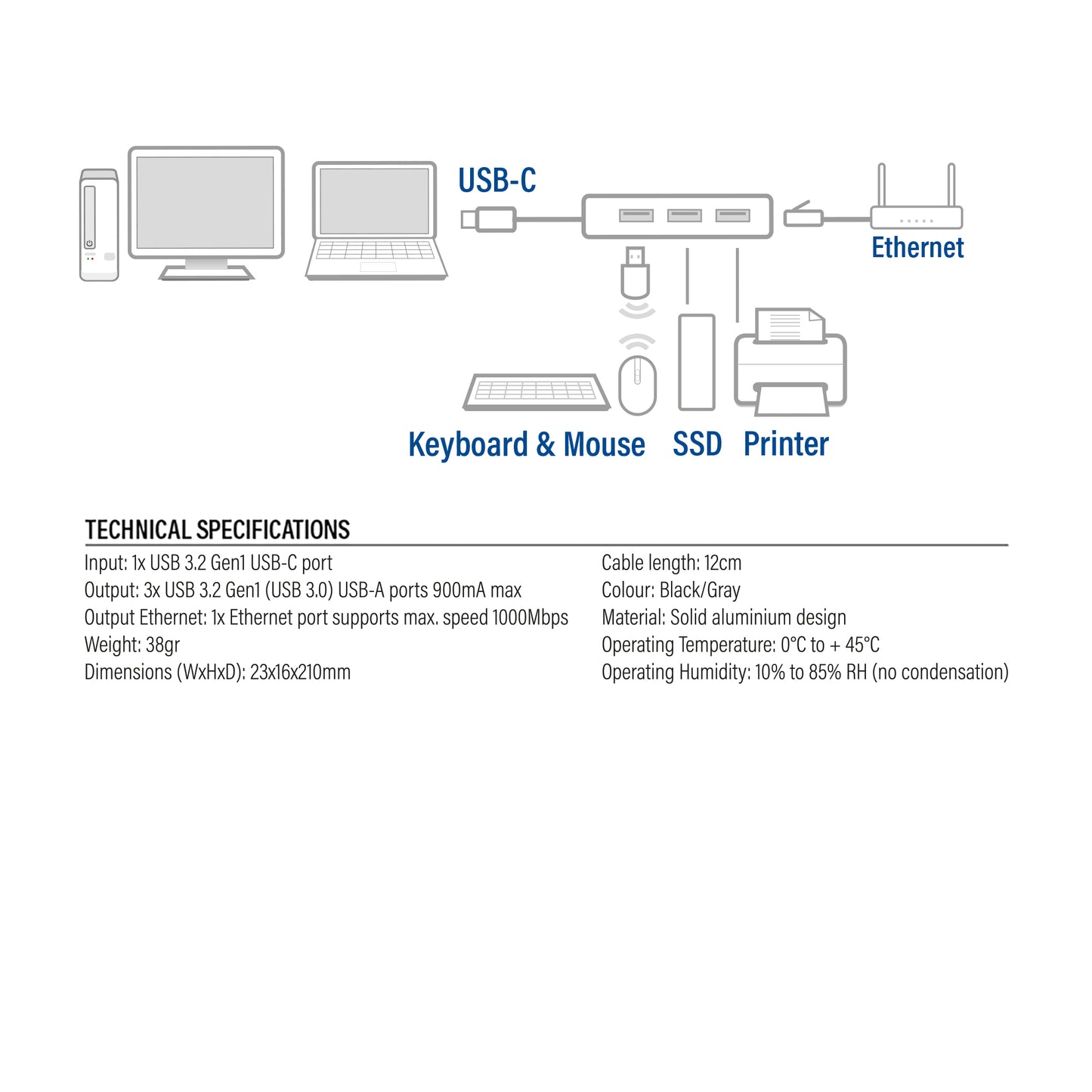 USB-C 3.2 Gen1 hub met 3 USB-A poorten en Gigabit Ethernet - 8