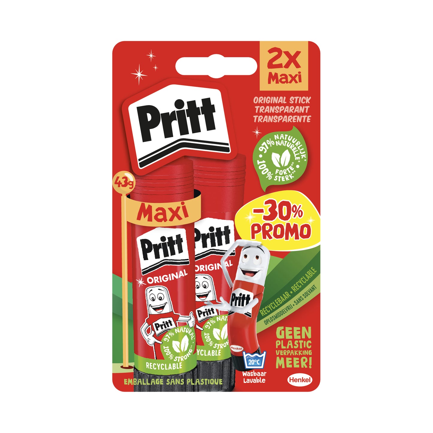 Lijmstift Pritt Stick Original 2x 43g, oplosmiddelvrij en wasbaar