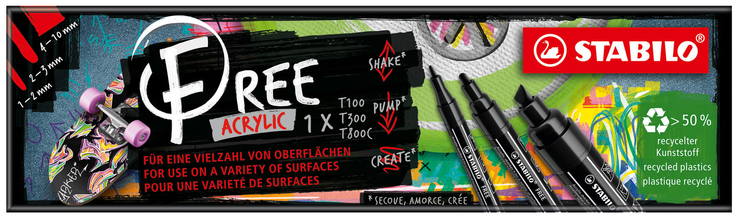 Acrylmarker STABILO Free Acrylic Mixed Tip Zwart Set van 3 - 3