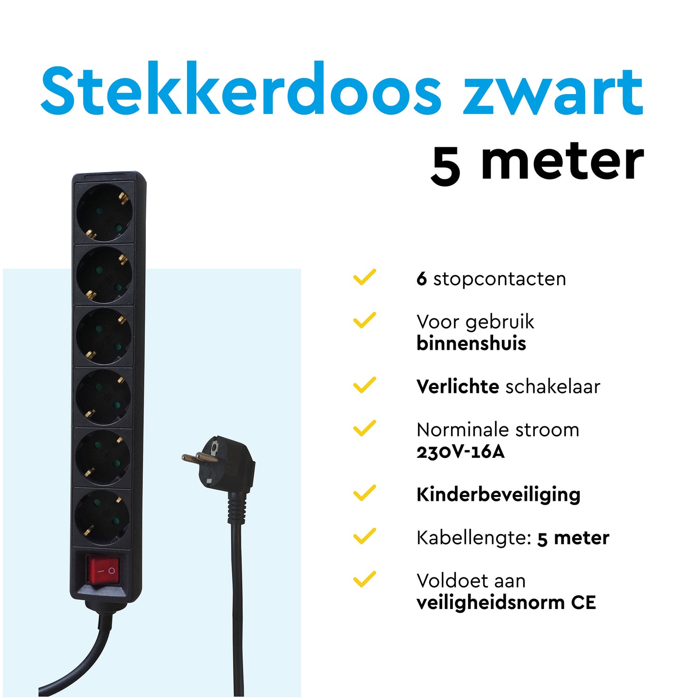 6-voudige stekkerdoos BRASQ met 5 m kabel, zwart - 9