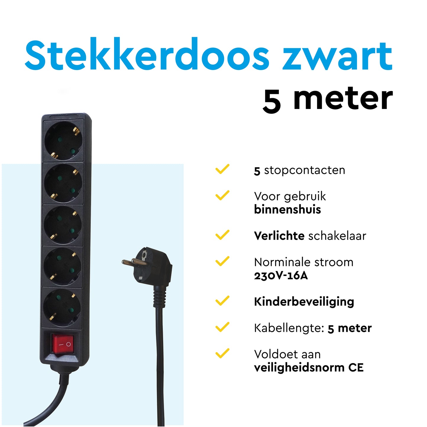 BRASQ 5-voudige stekkerdoos met schakelaar, 5 m, zwart - 9