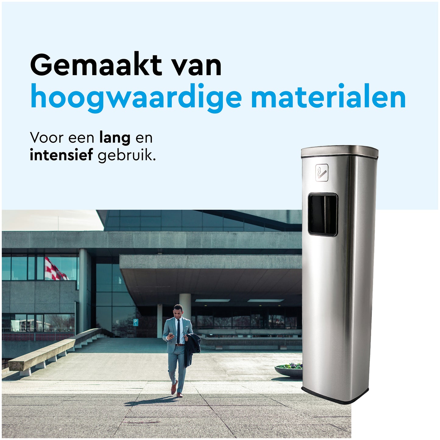 RVS afvalbak met asbak BRASQ 20 liter, vierkant - 4