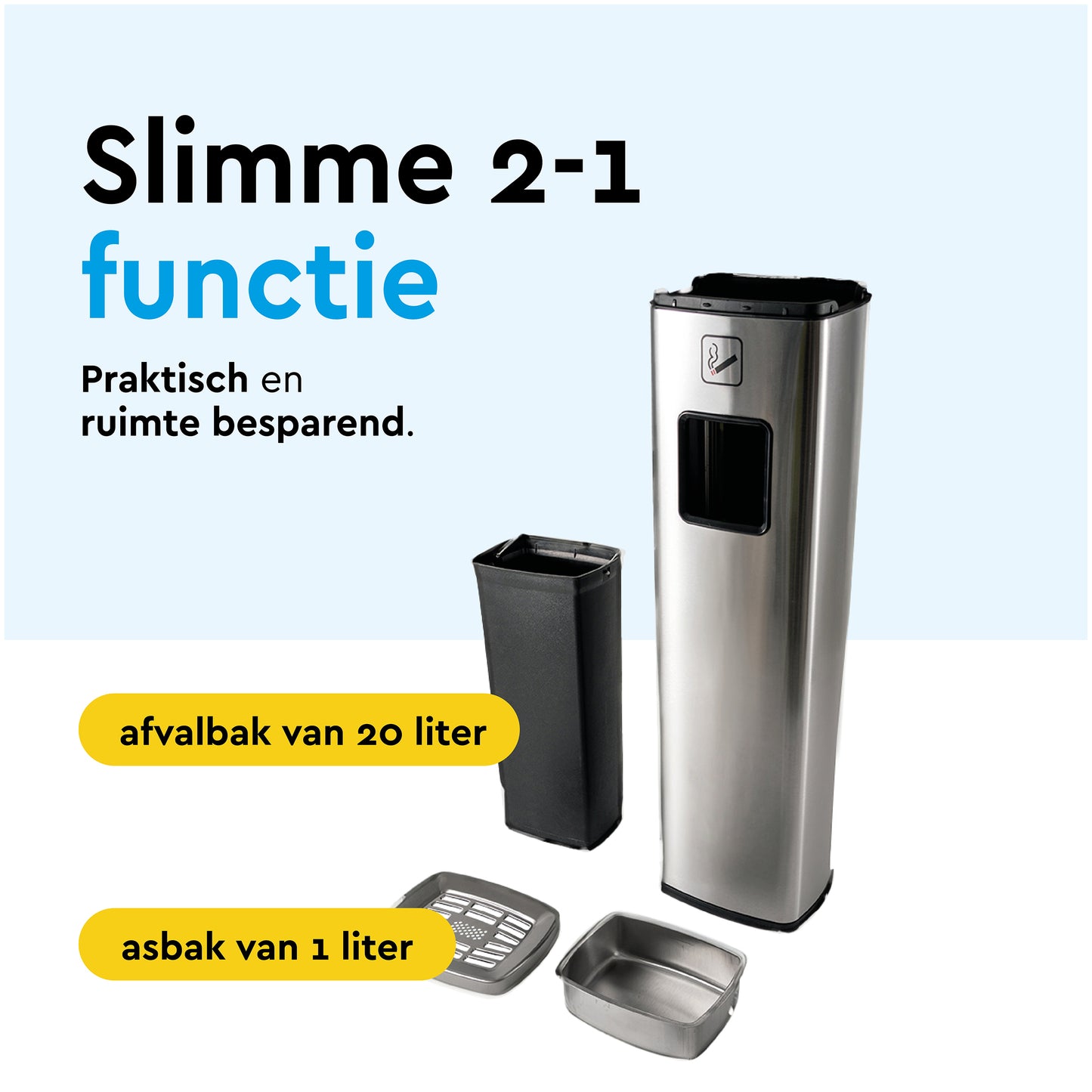 RVS afvalbak met asbak BRASQ 20 liter, vierkant - 5
