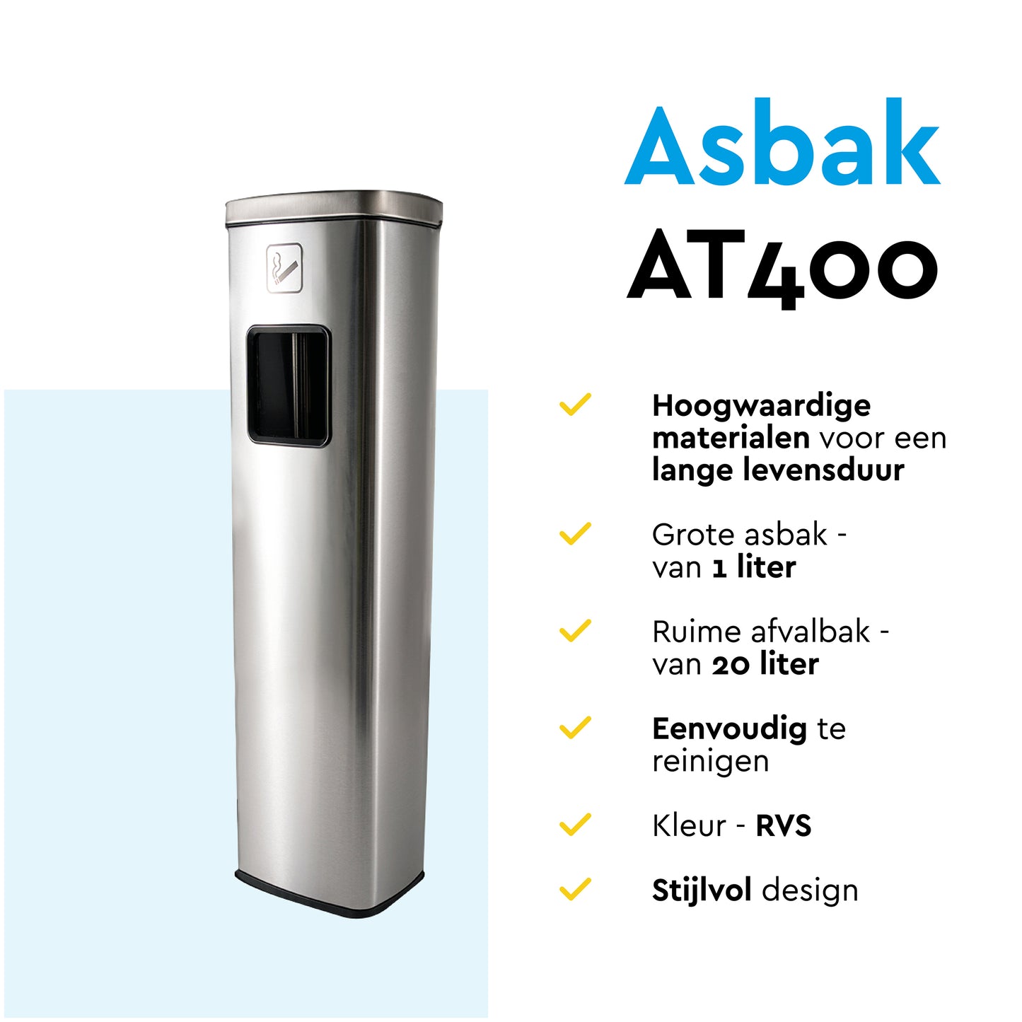 RVS afvalbak met asbak BRASQ 20 liter, vierkant - 6