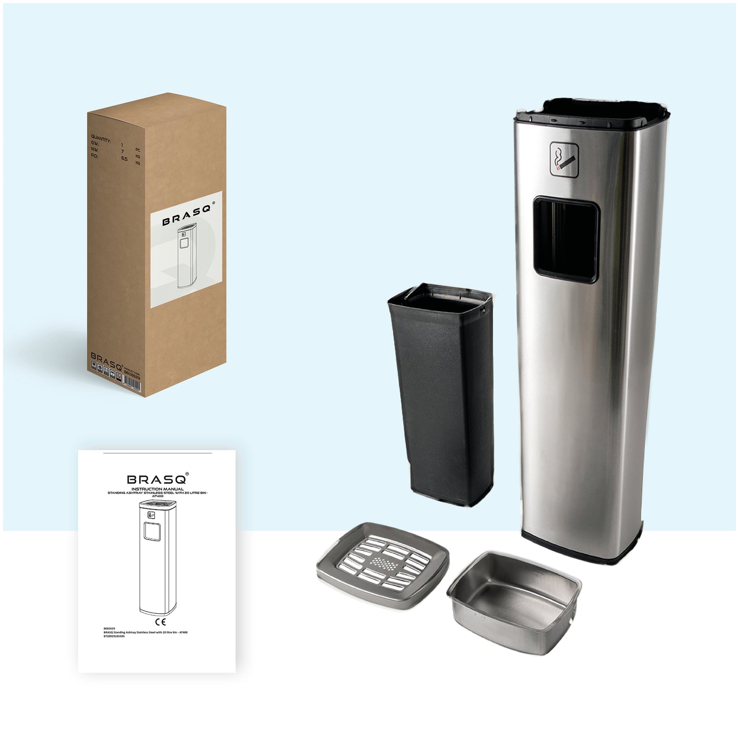 RVS afvalbak met asbak BRASQ 20 liter, vierkant - 7