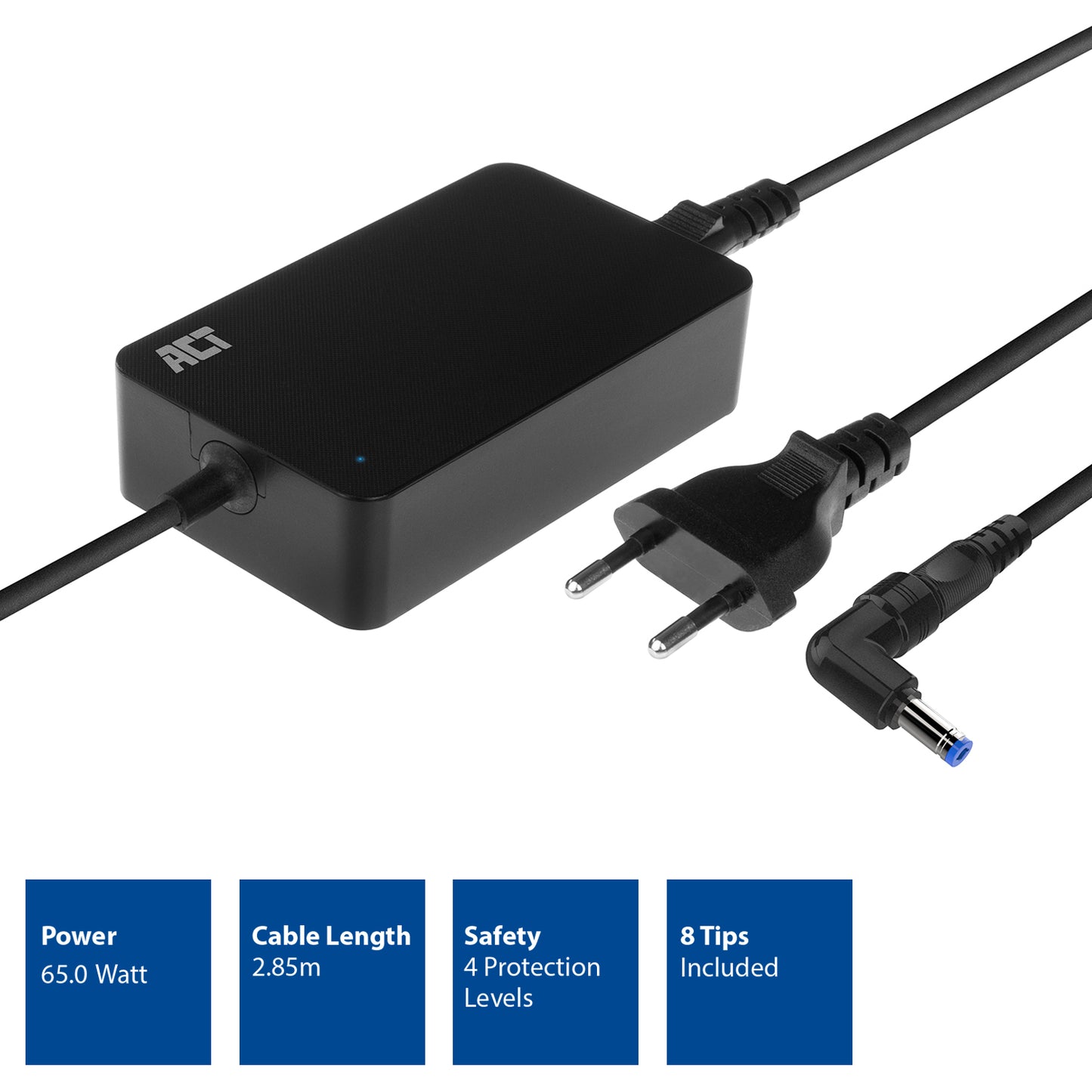 Compacte 65W Laptopoplader voor laptops tot 15,6 inch met 8 tips en lange kabel - 4