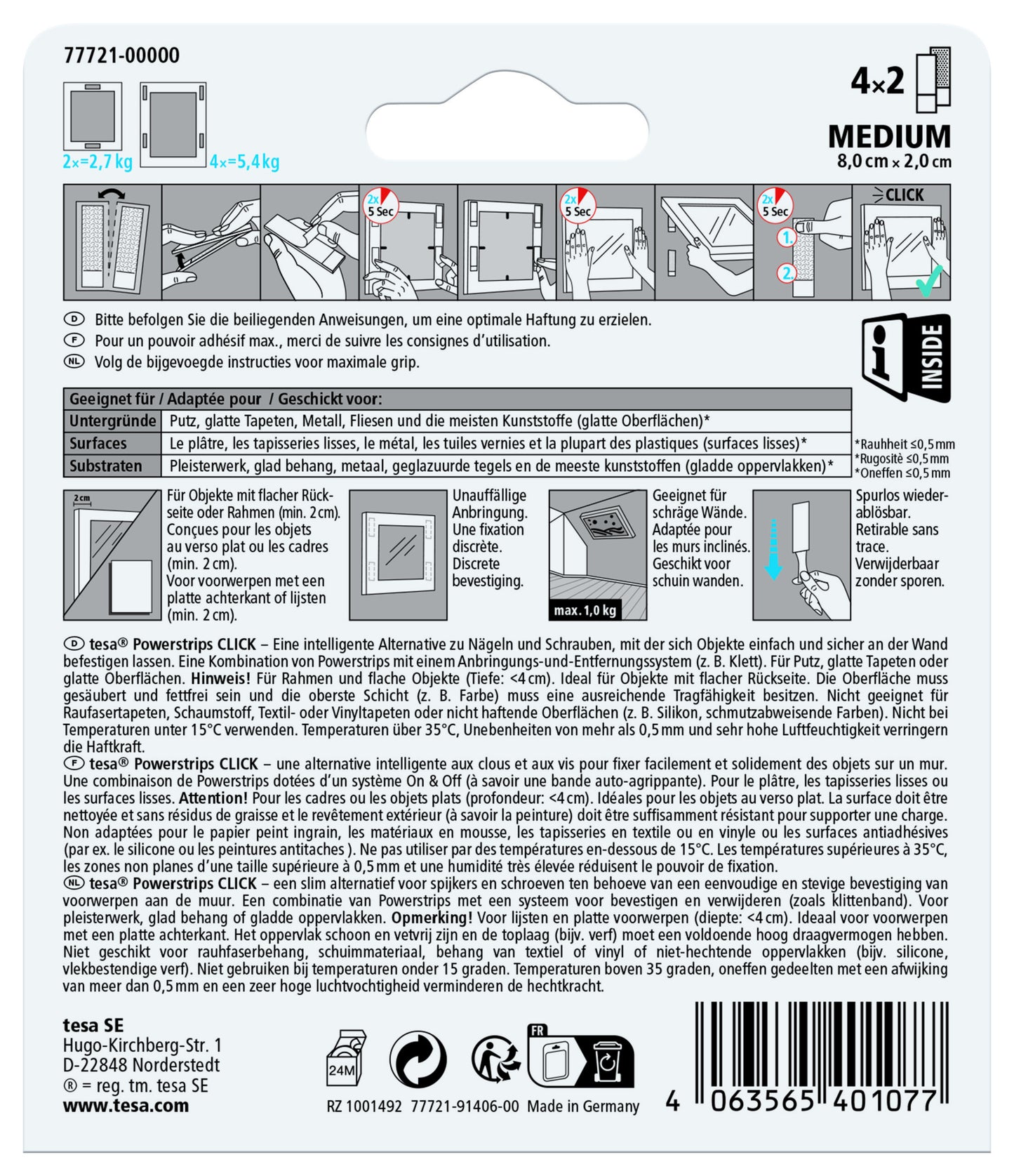 Kleefstip tesa Powerstrips Click Medium, 4 paar wit - 2