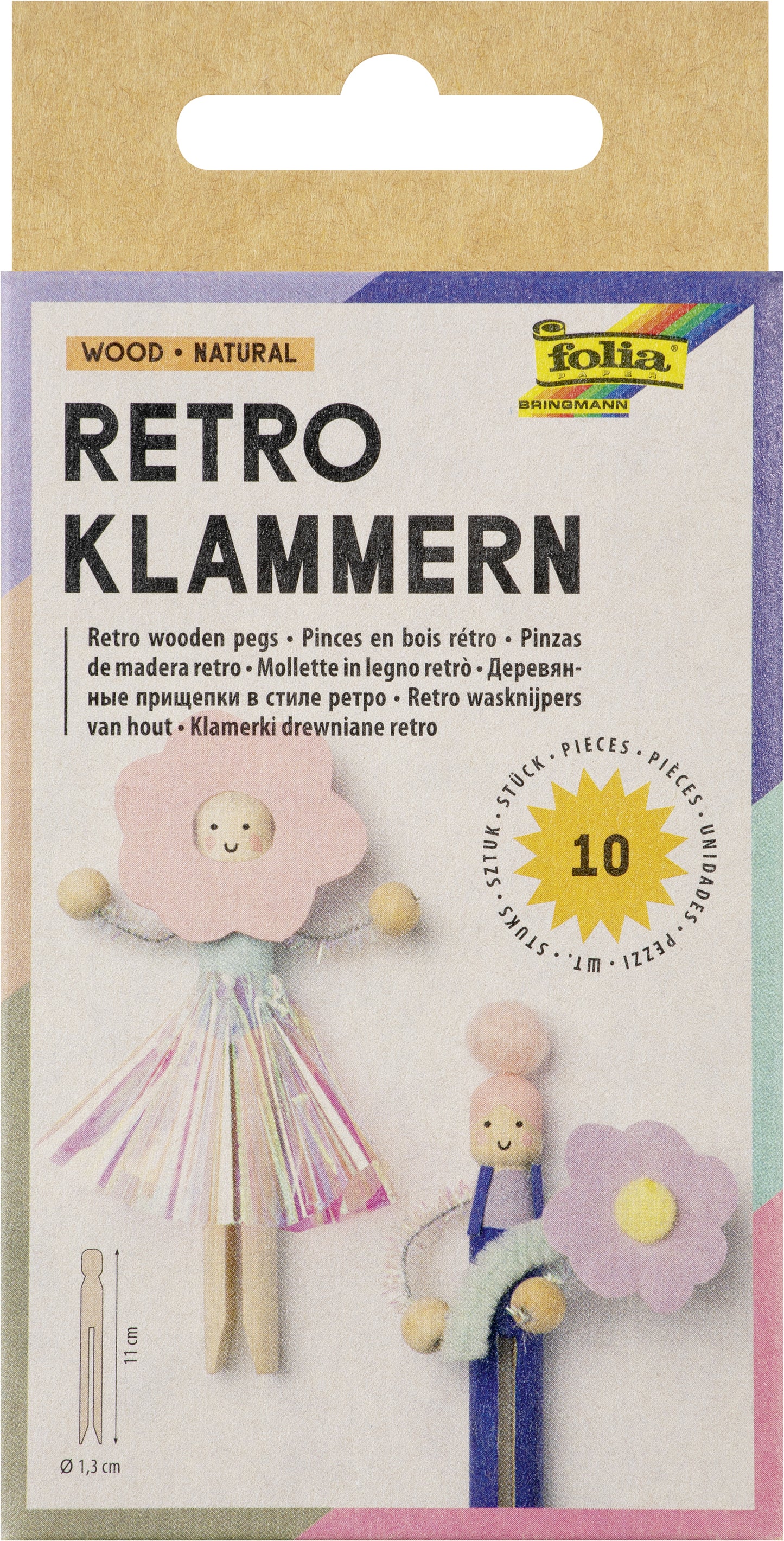 Retro Folia Wasknijpers in Houten Set van 10 Stuks