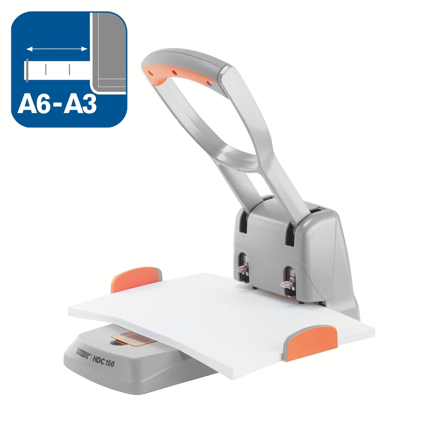 Perforator Rapid Supreme HDC150/2-gaats, 150 vel, zwart/oranje - 3