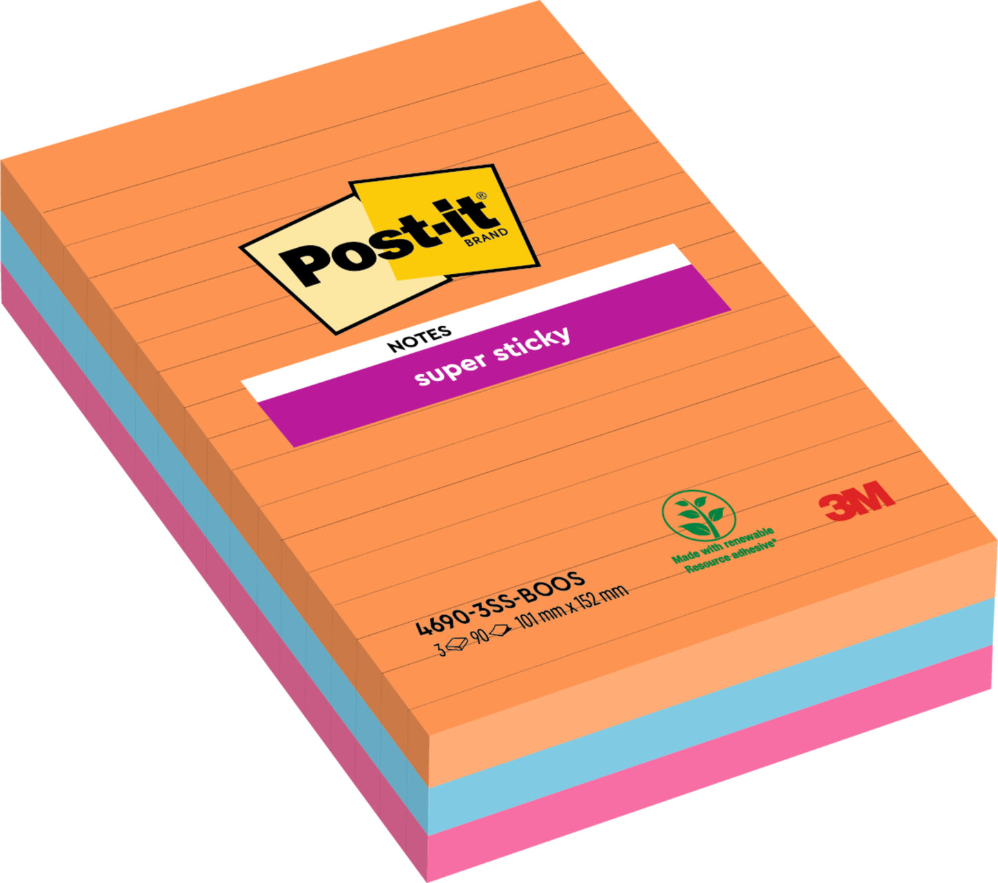 Memoblok Post-it 4690 Super Sticky 102x152mm, neon oranje/roze/blauw
