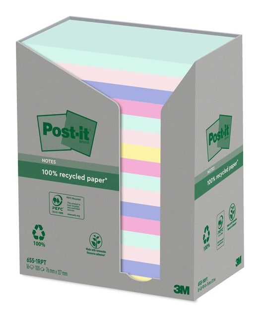 Memoblok Post-it 655RPT Recycled Rainbow 76x127mm