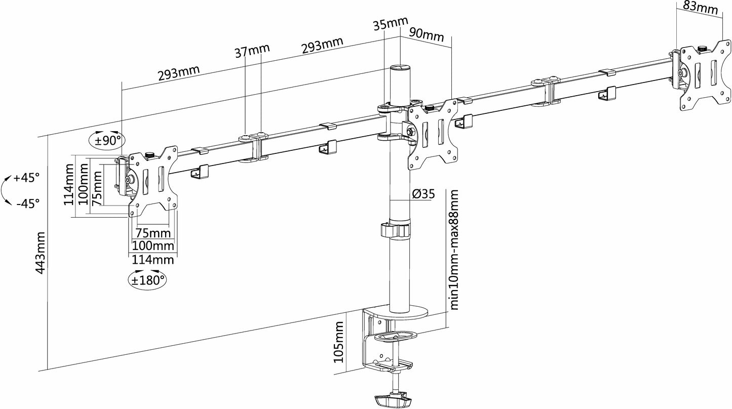 Neomounts D550D3 Monitorarm 10-27 inch Zwart voor Drie Schermen