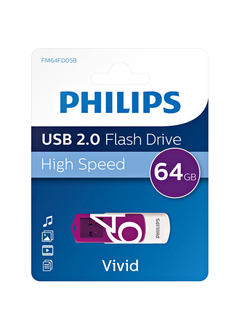 USB-stick Philips Vivid Key 64GB USB 2.0 Paars - 2