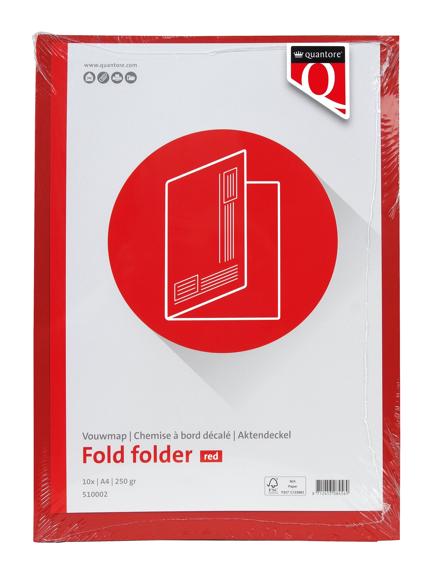Vouwmap Fo A4, ongelijke zijde, 250g, rood, gerecycled karton - 2