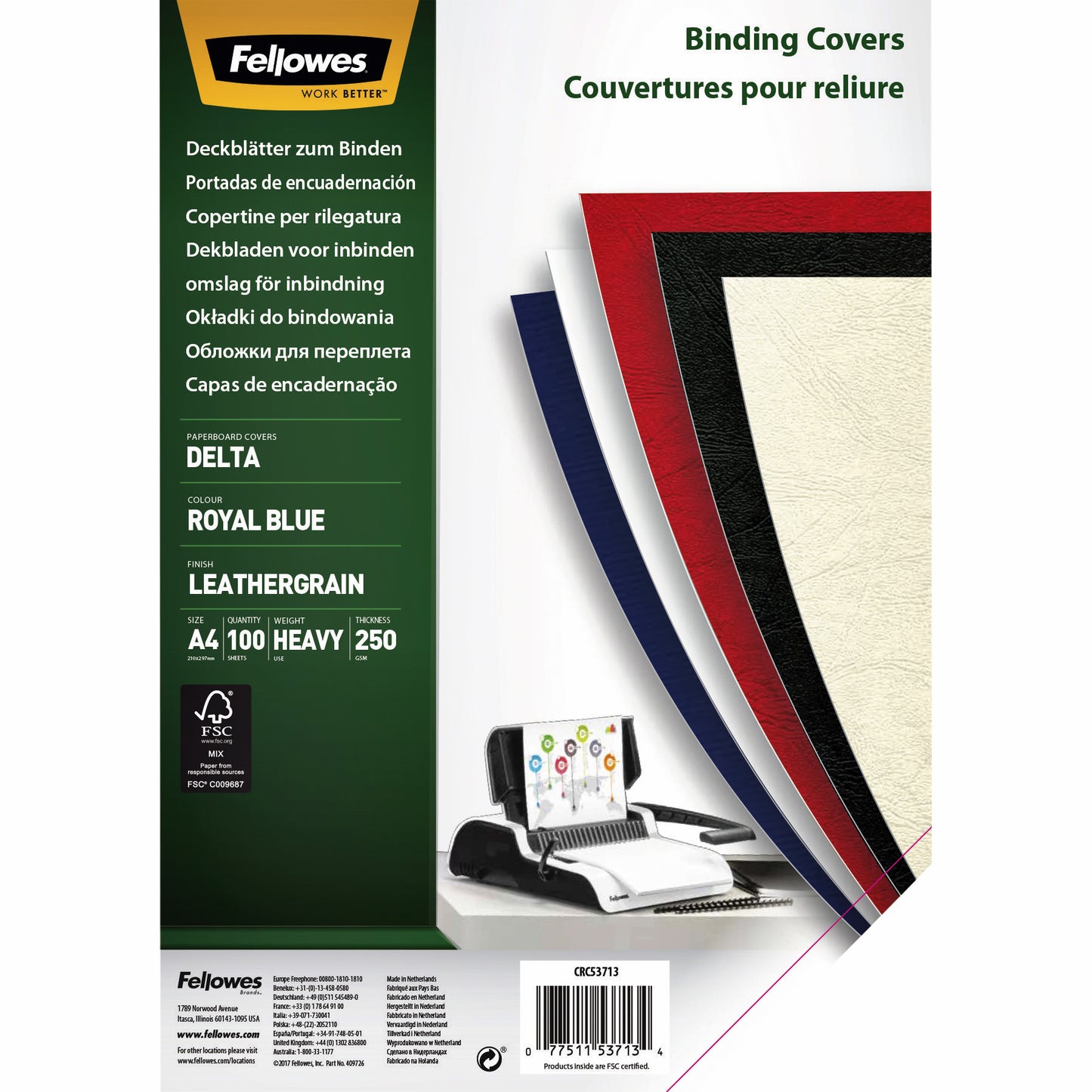 Voorblad Fellowes A4 lederlook royal blauw met venster 250gr