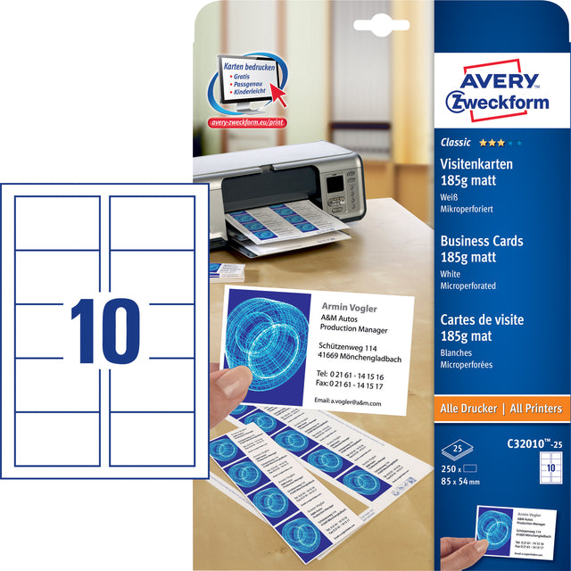 Visitekaart Avery C32010-25 85x54mm 185g, 250 stuks - 2